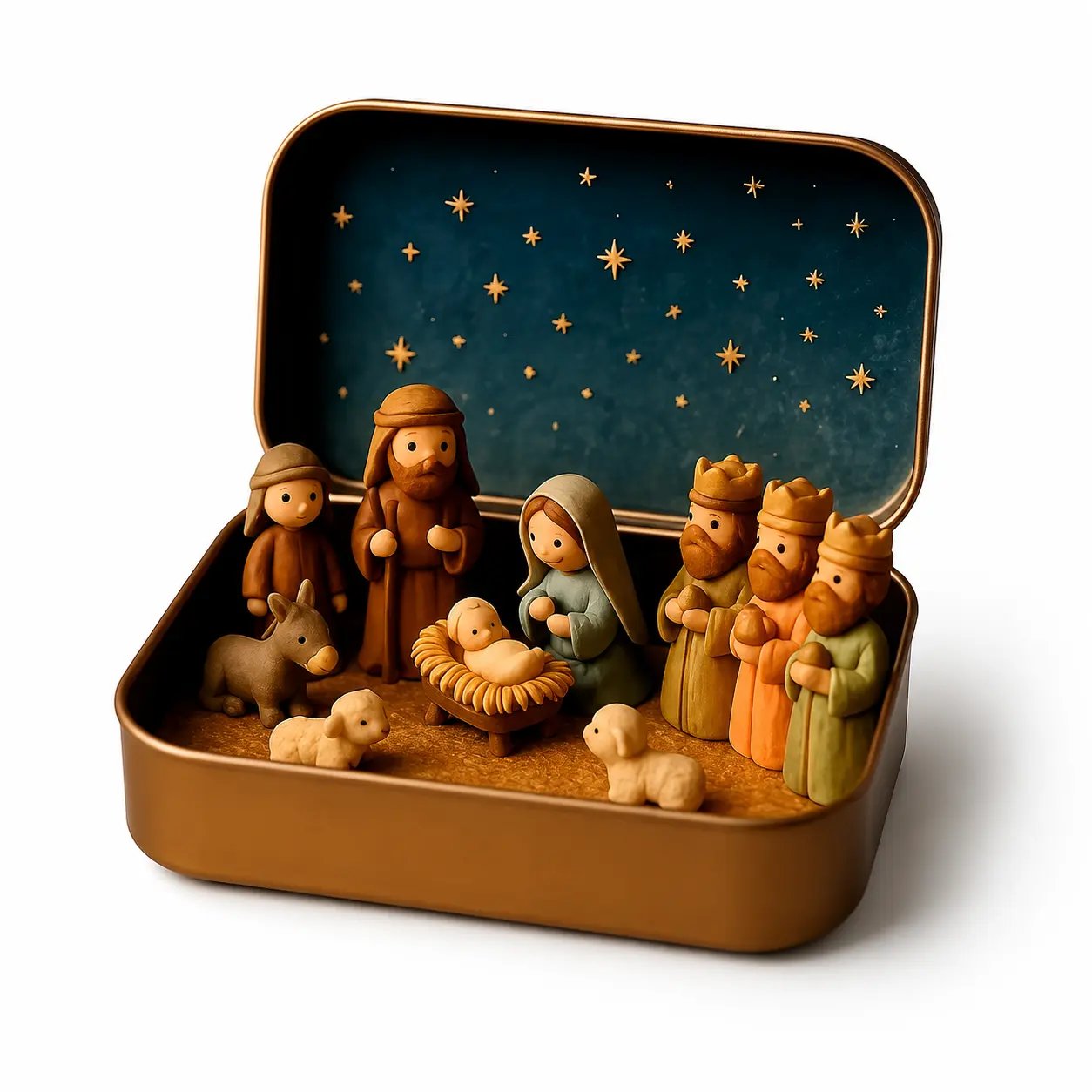 Open miniature Nativity scene in a keepsake tin