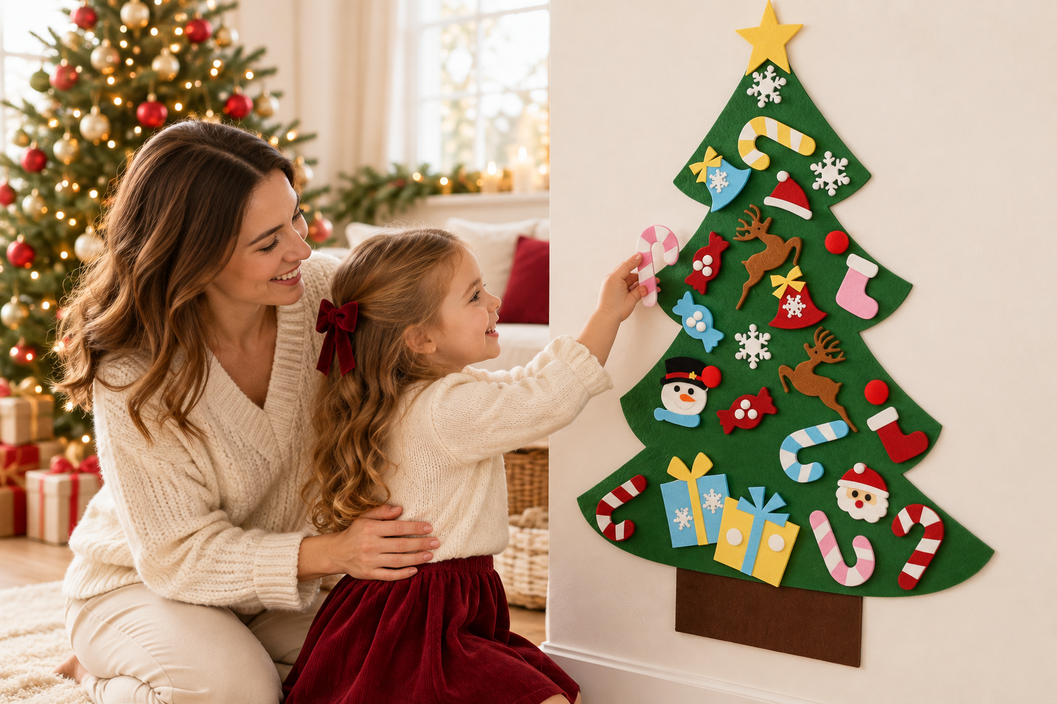 A child and her mother decorating their felt Christmas tree