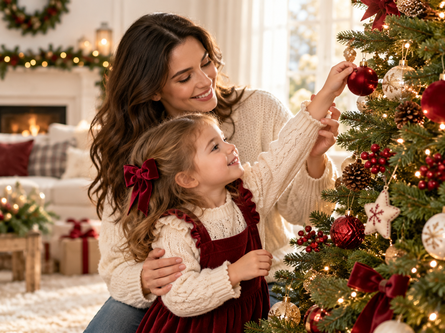 A mother gently guiding her child beside the family Christmas tree