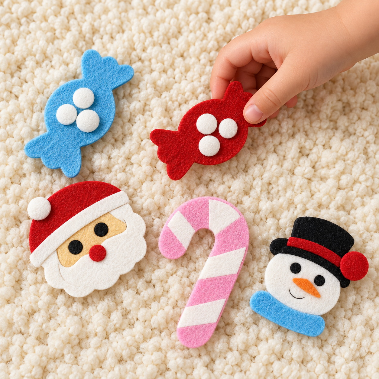 A child's hand picking a colorful felt ornament