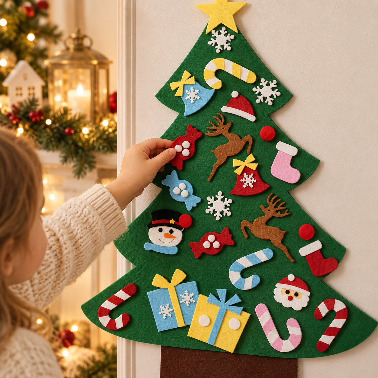A child attaching a felt candy ornament to the tree