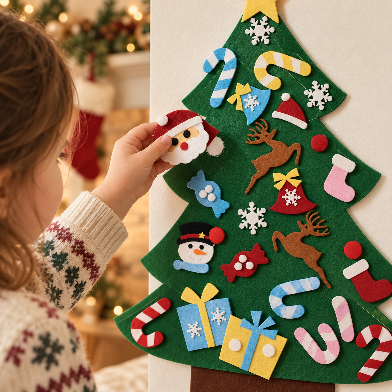 A child removing a Santa ornament to rearrange the tree
