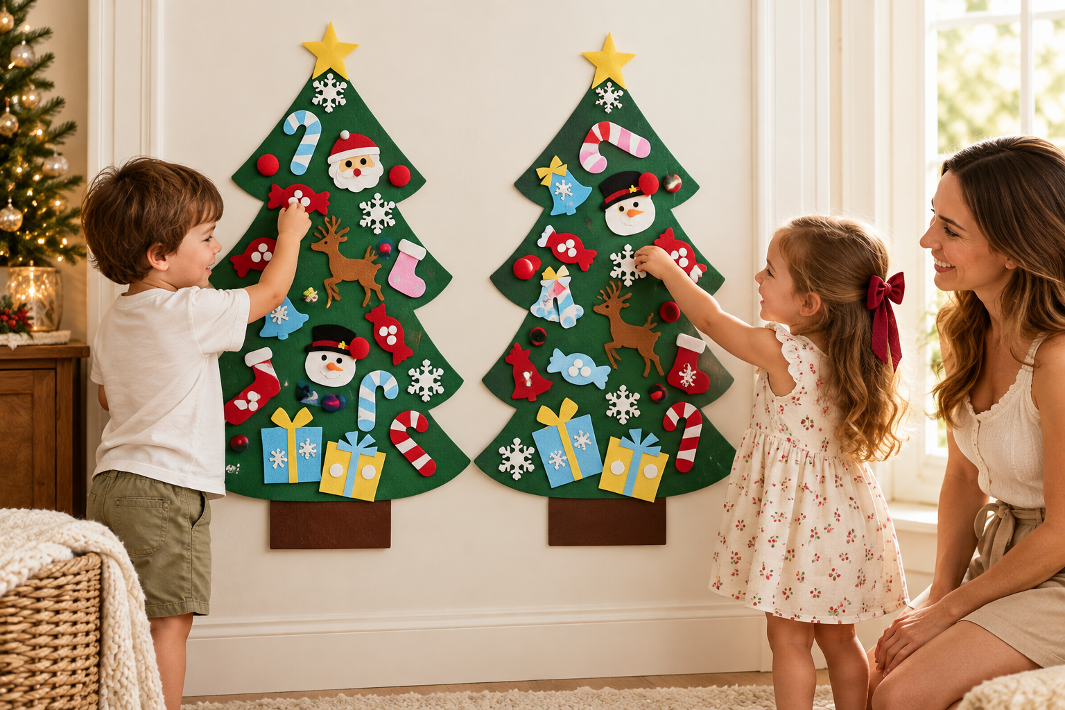 Two siblings each decorating their own felt Christmas tree