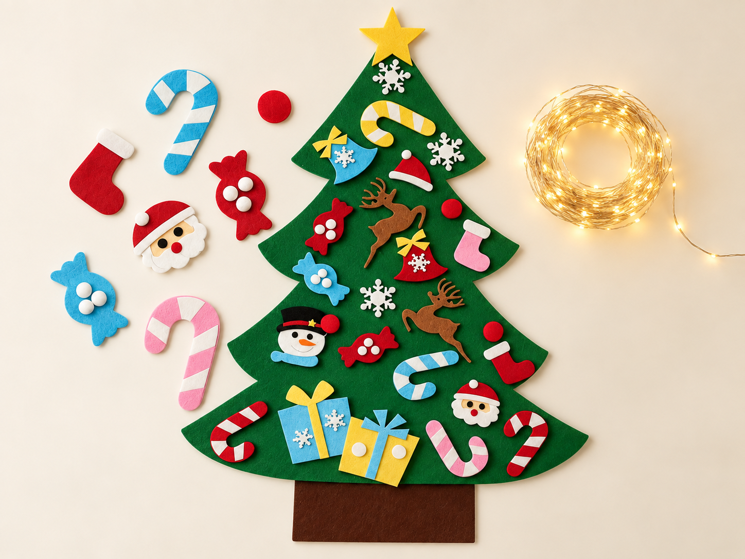 Felt Christmas tree, colorful ornaments and fairy lights arranged together