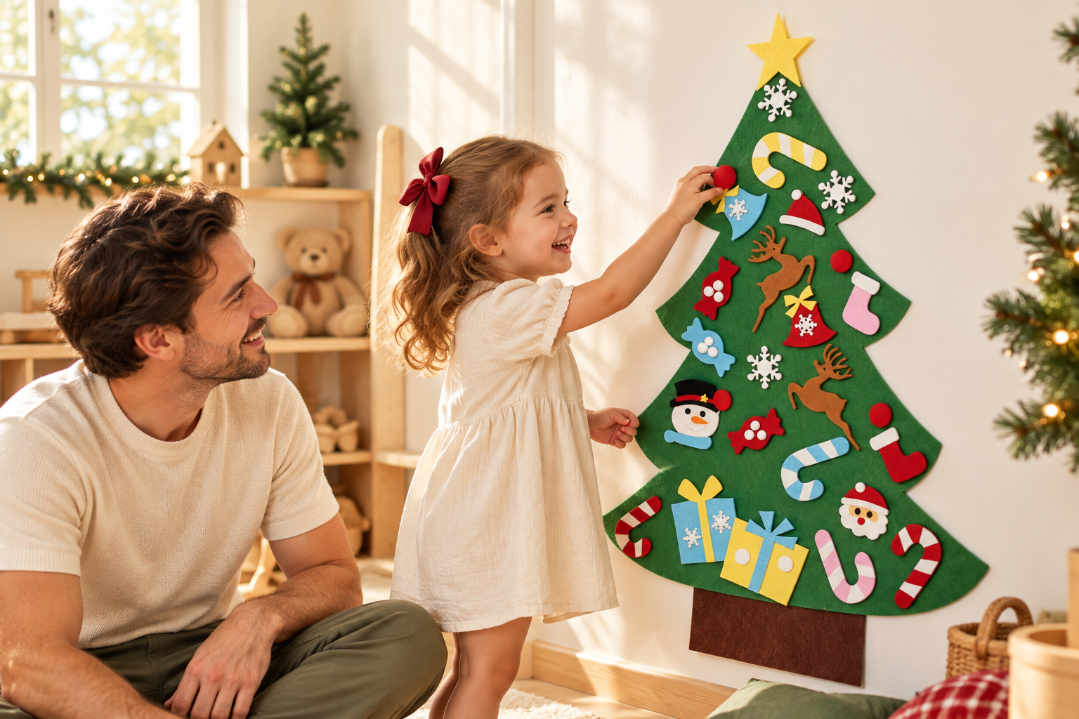 A father and child decorating their tree in the playroom