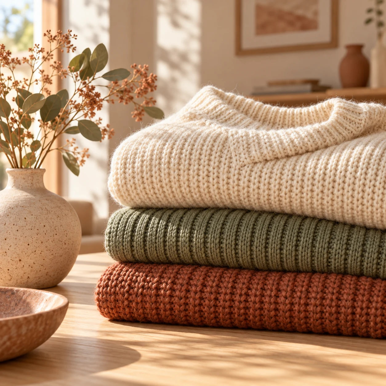 Folded knitwear in warm neutral colors