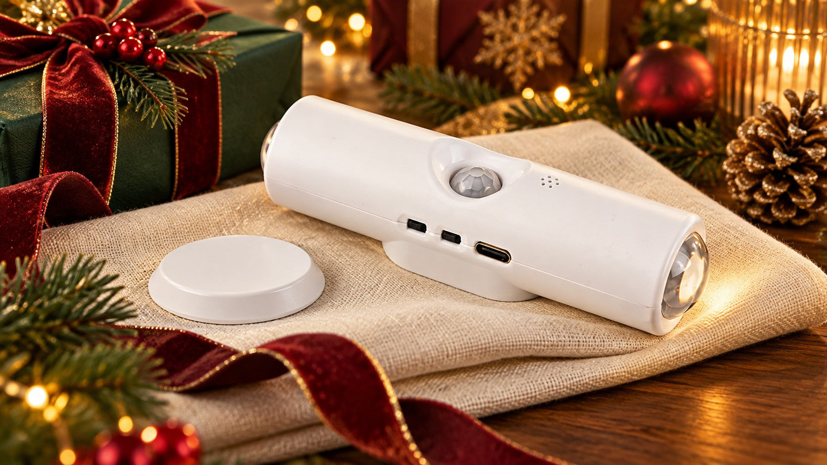 White rechargeable wall light styled with Christmas gifts and greenery
