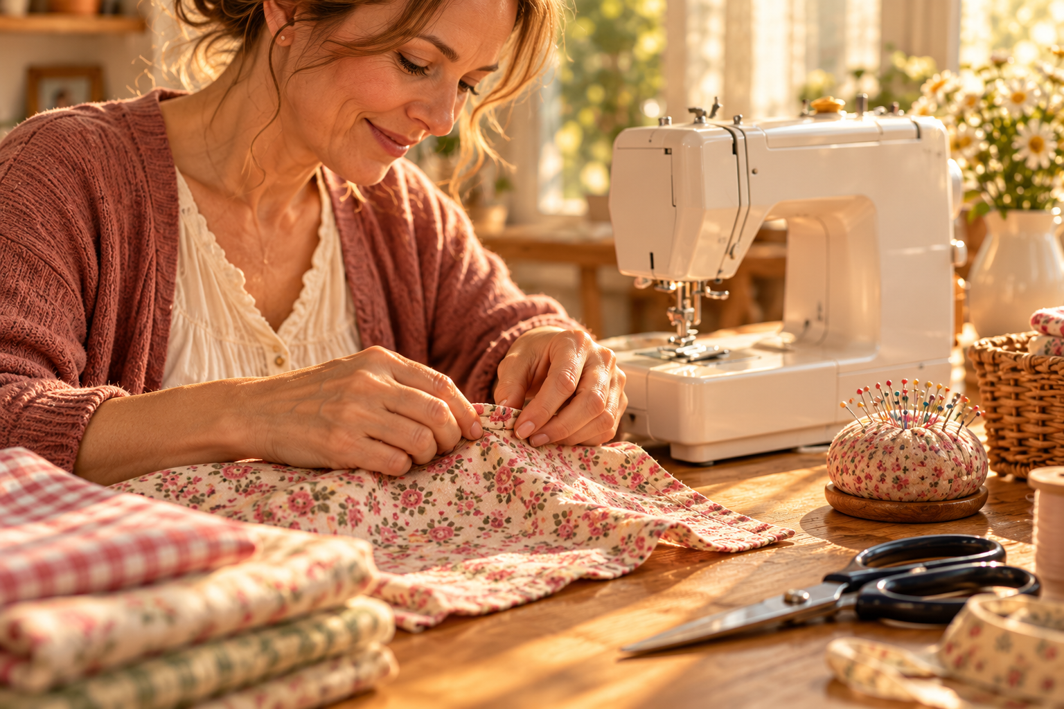 Hands preparing floral fabric beside a sewing machine