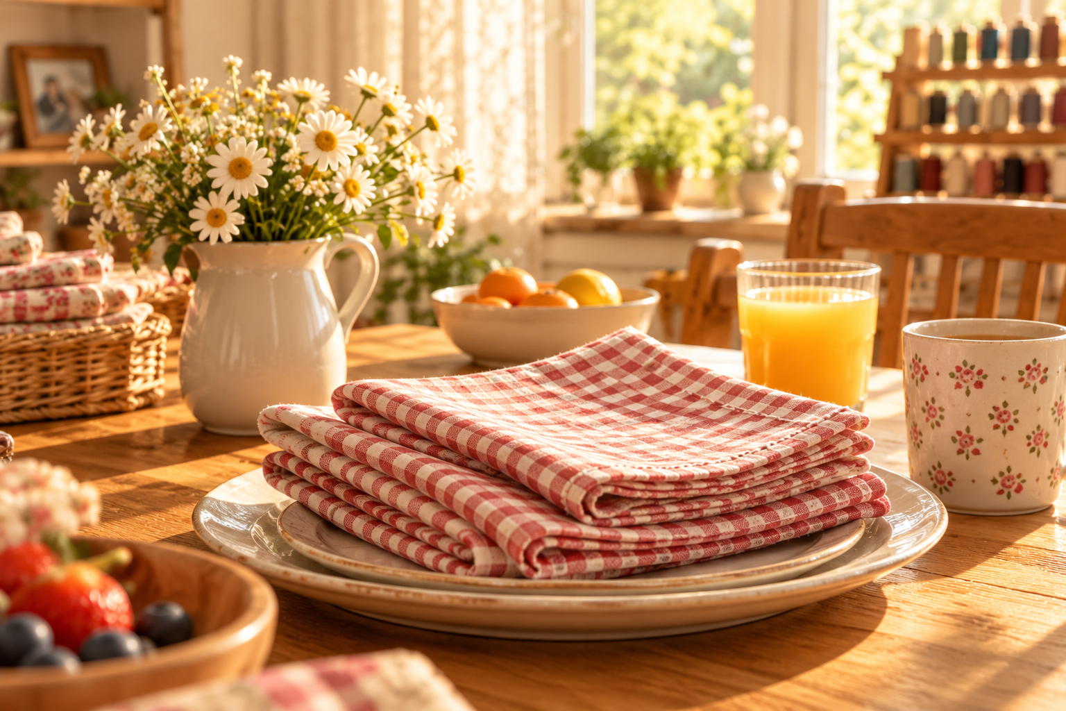Gingham napkins on a warm family breakfast table