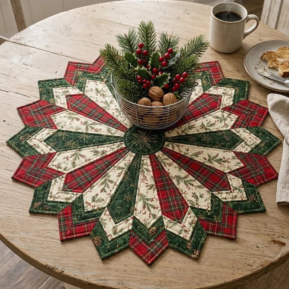 Wooden tabletop styled with Christmas star decor