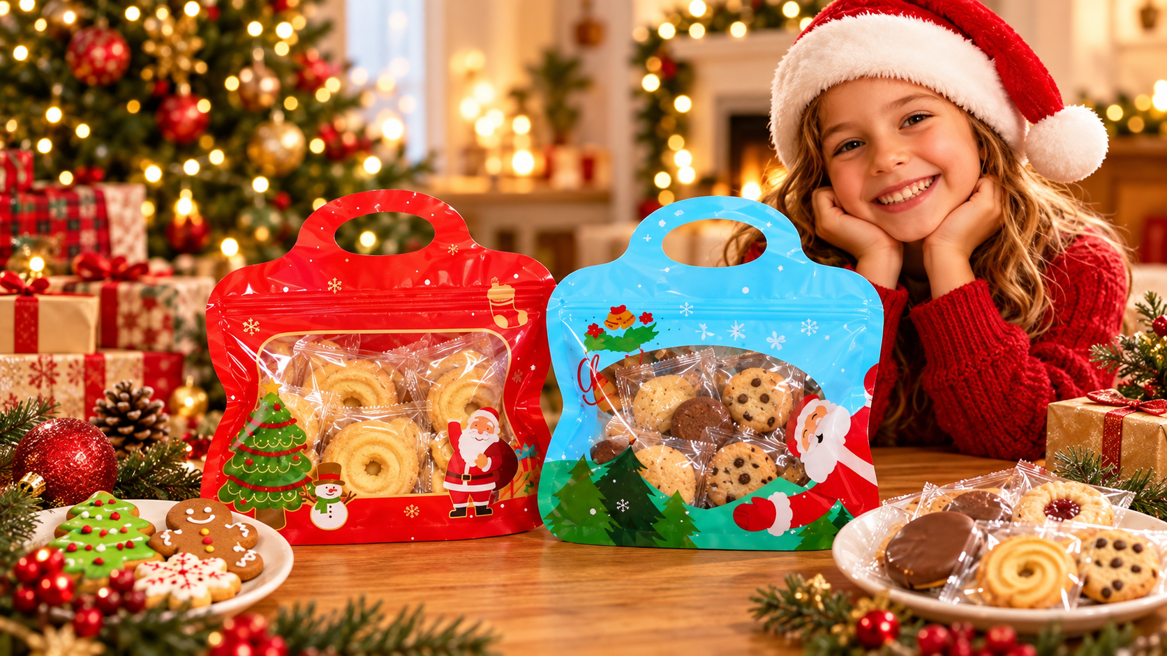 Red and blue Christmas gift bags displayed in a festive family setting