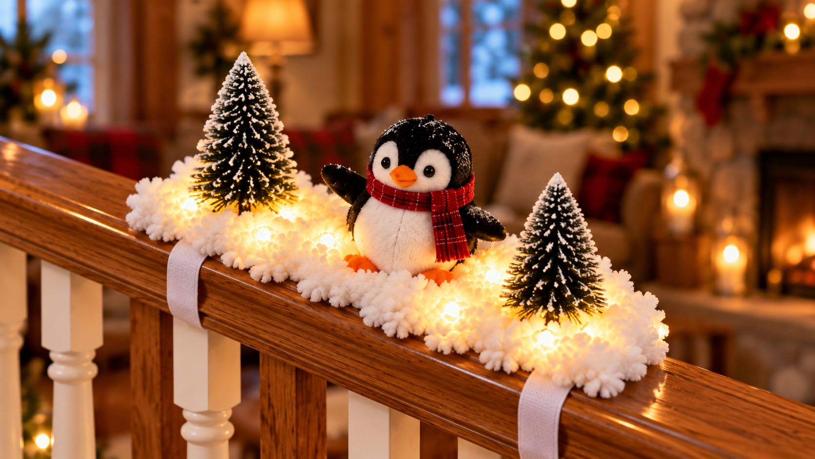 One penguin snow decoration section on a staircase rail, with trees, snow and lights