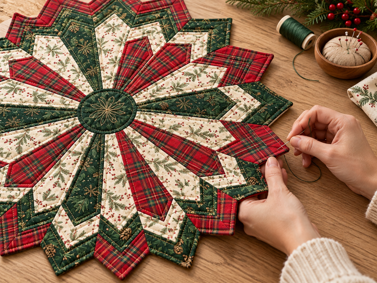 Illustration of hands working on holiday patchwork decor