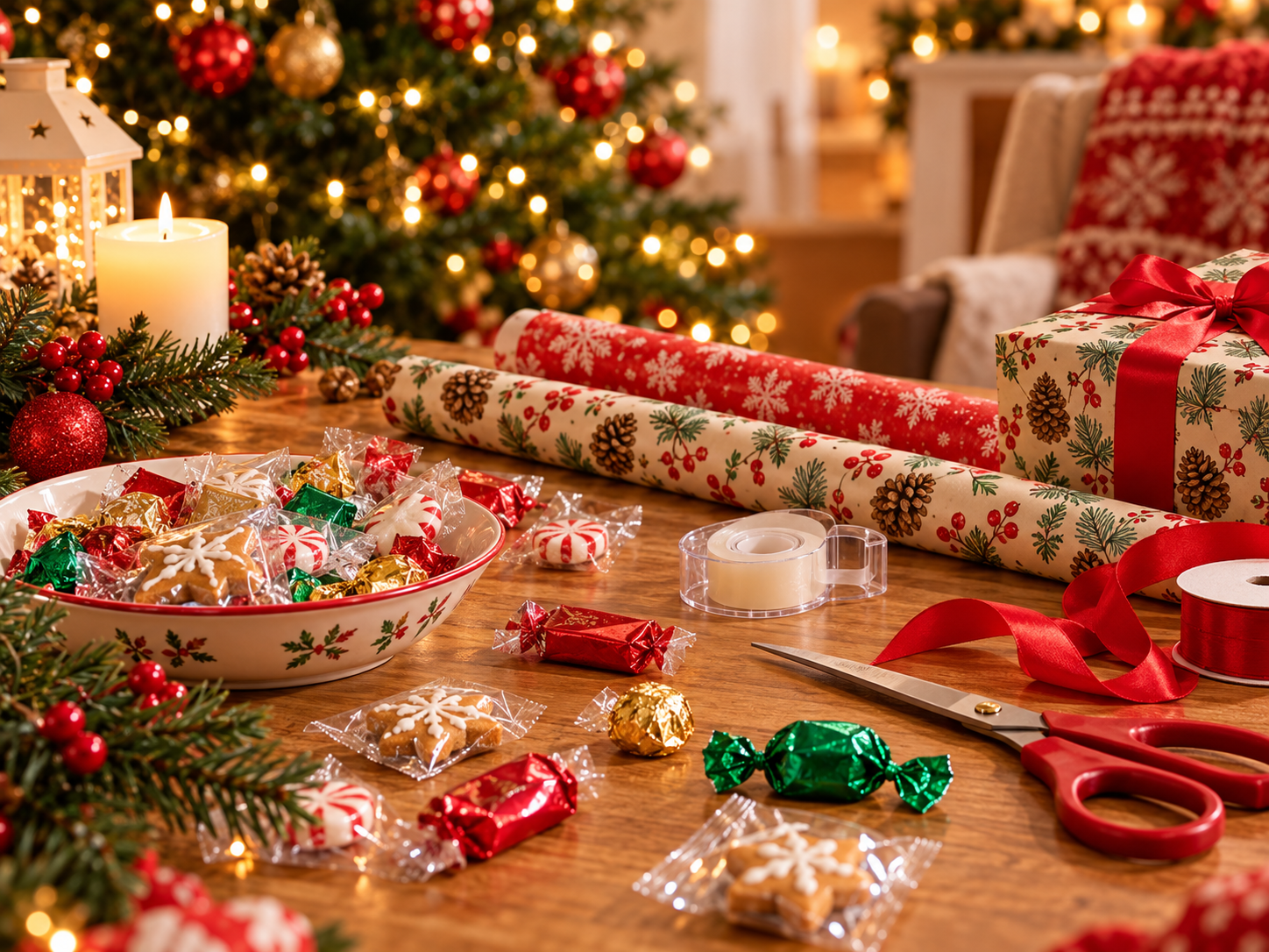 Wrapping paper, tape and ribbons waiting to be used