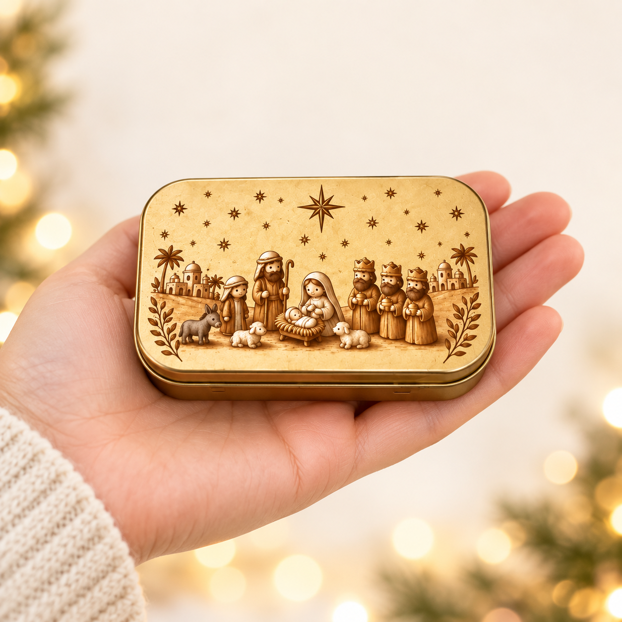 Small closed Nativity tin resting in an adult hand
