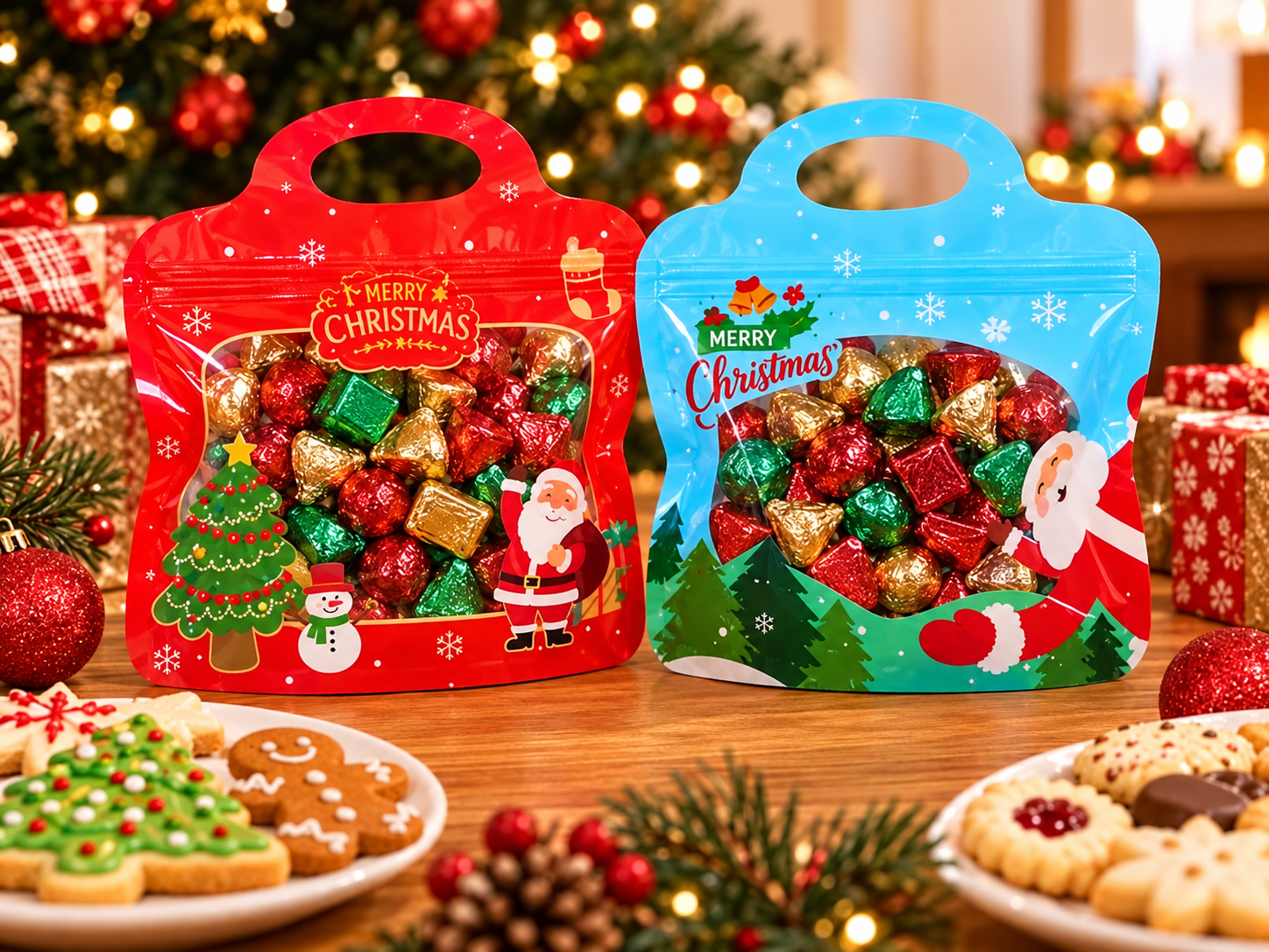 Small treats packed in festive red and blue gift bags