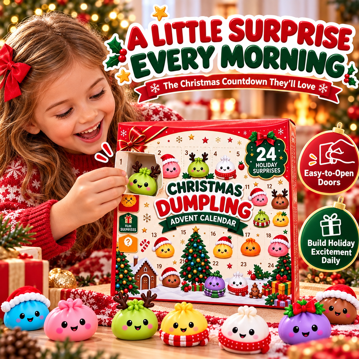 A child opening a Christmas Dumpling Advent Calendar for a little surprise every morning