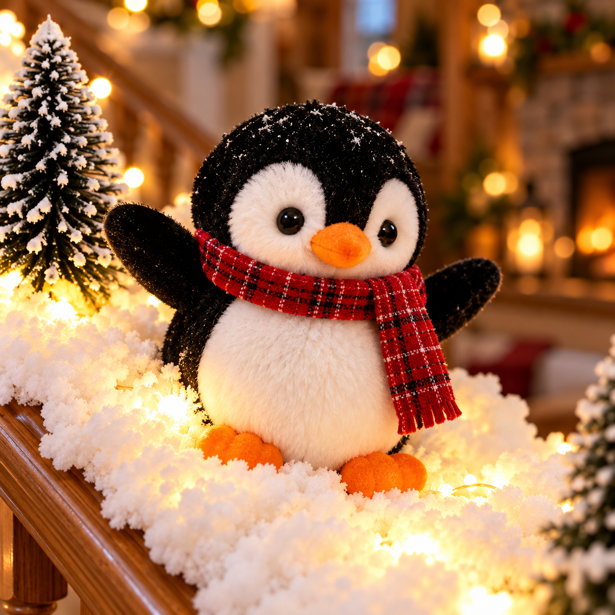 Close-up of a soft plush penguin with a red scarf