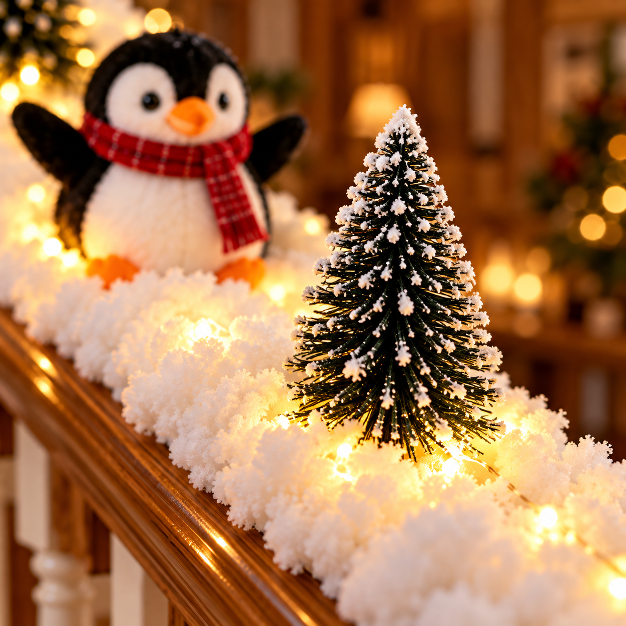 Close-up of a miniature snow-dusted Christmas tree