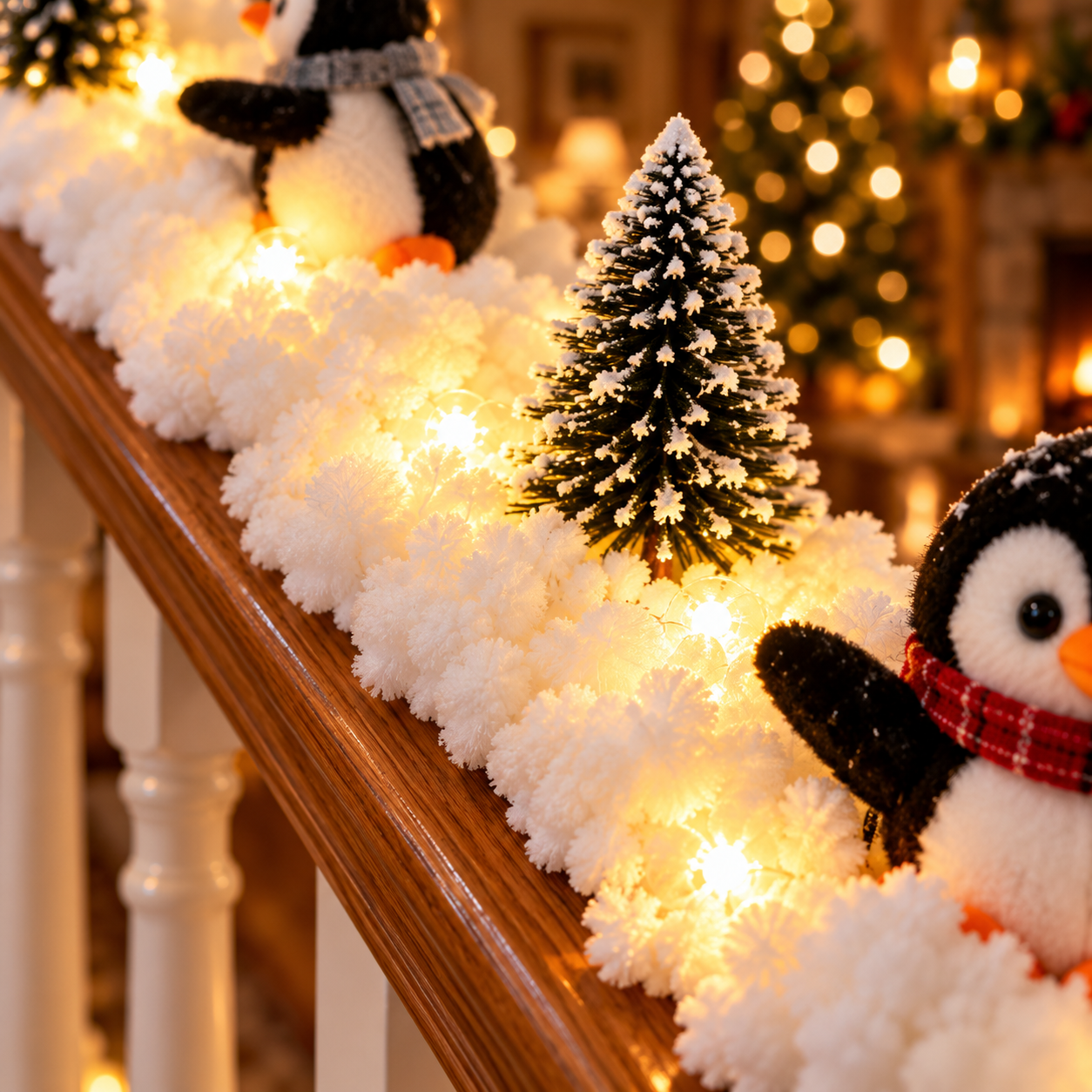 Warm white lights glowing in fluffy faux snow