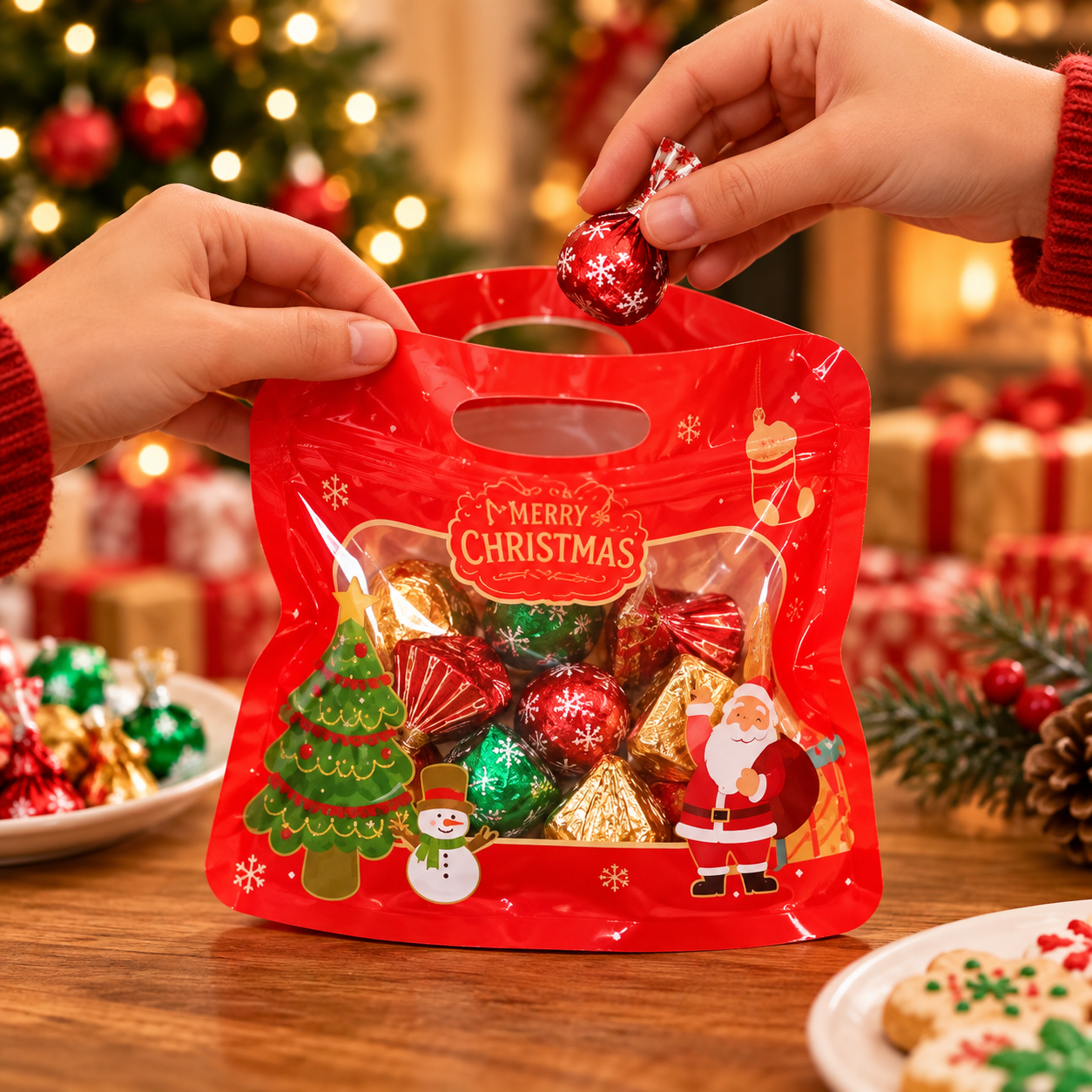 Placing a wrapped treat into an open gift bag
