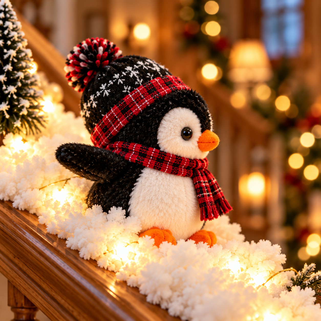Close-up of a penguin's winter knit accessories