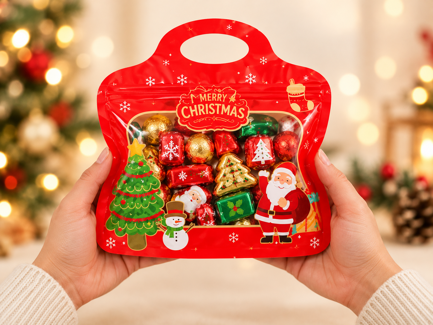 A small red Christmas bag held in two adult hands for scale