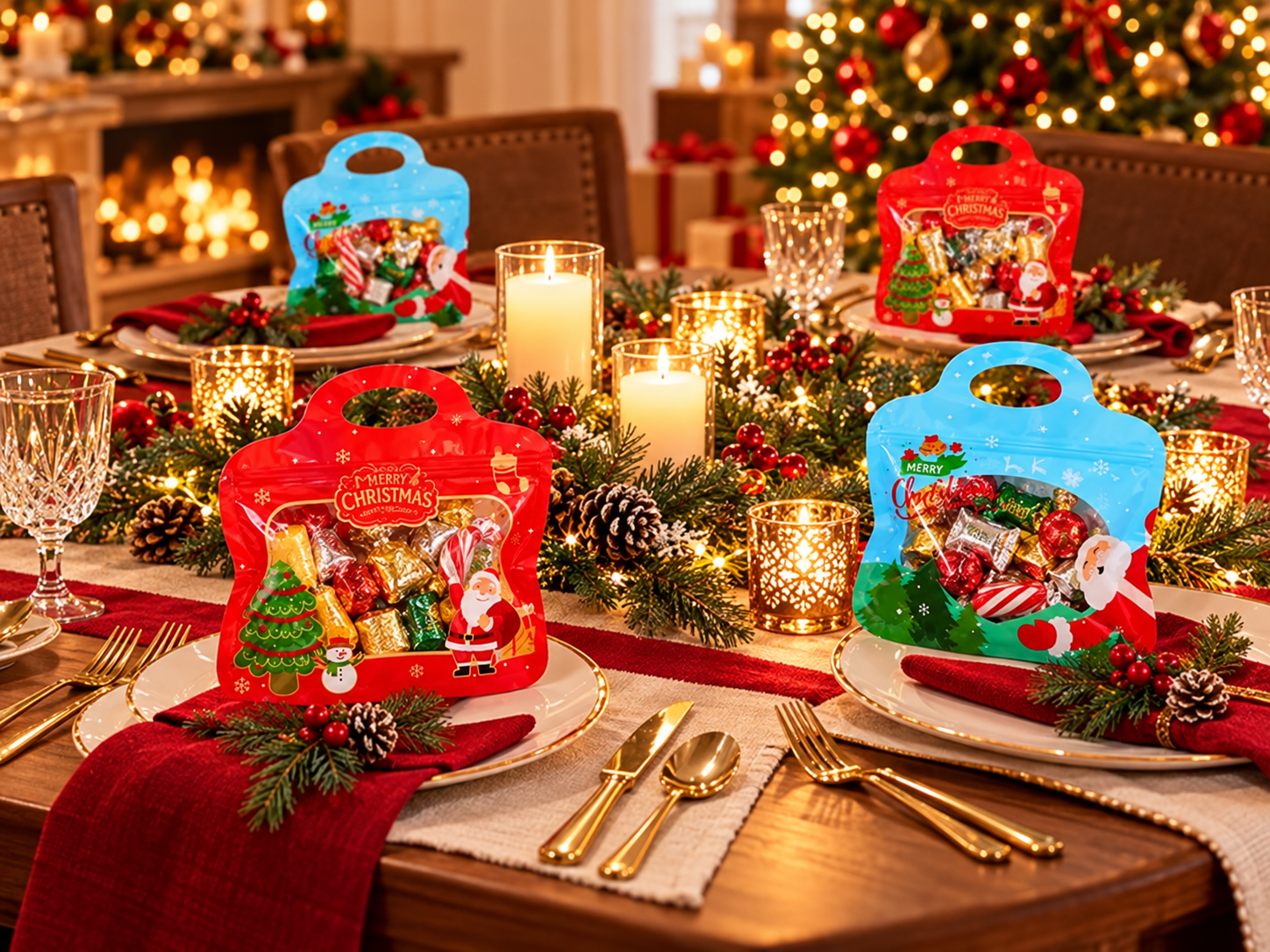 Christmas gift bags arranged at holiday table settings