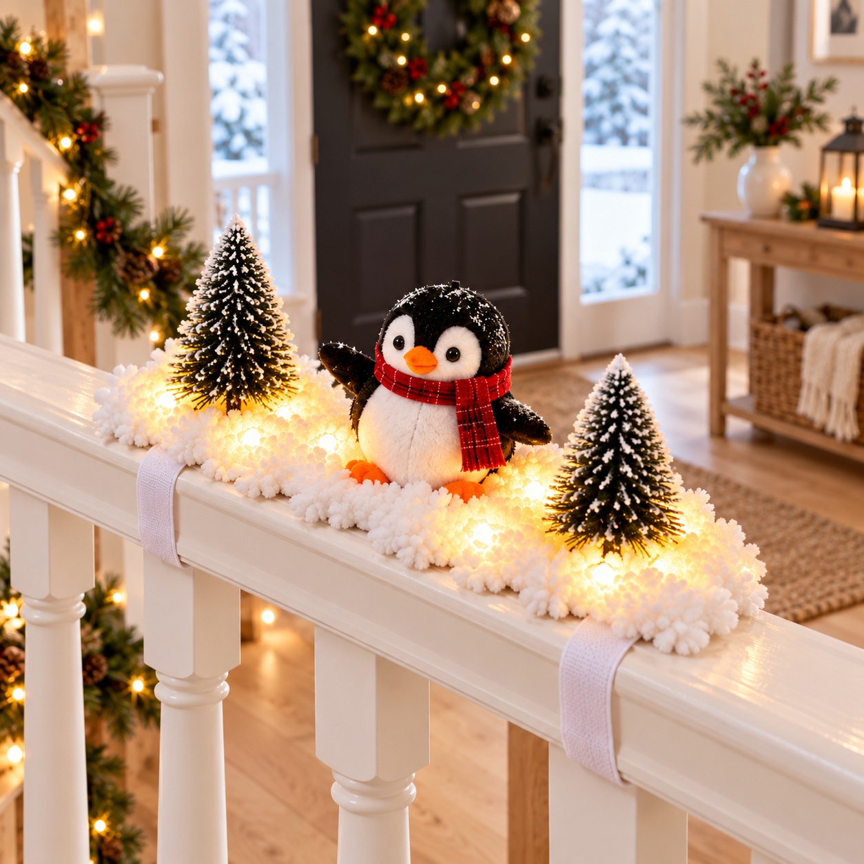 One penguin snow decoration section glowing on a short entryway railing