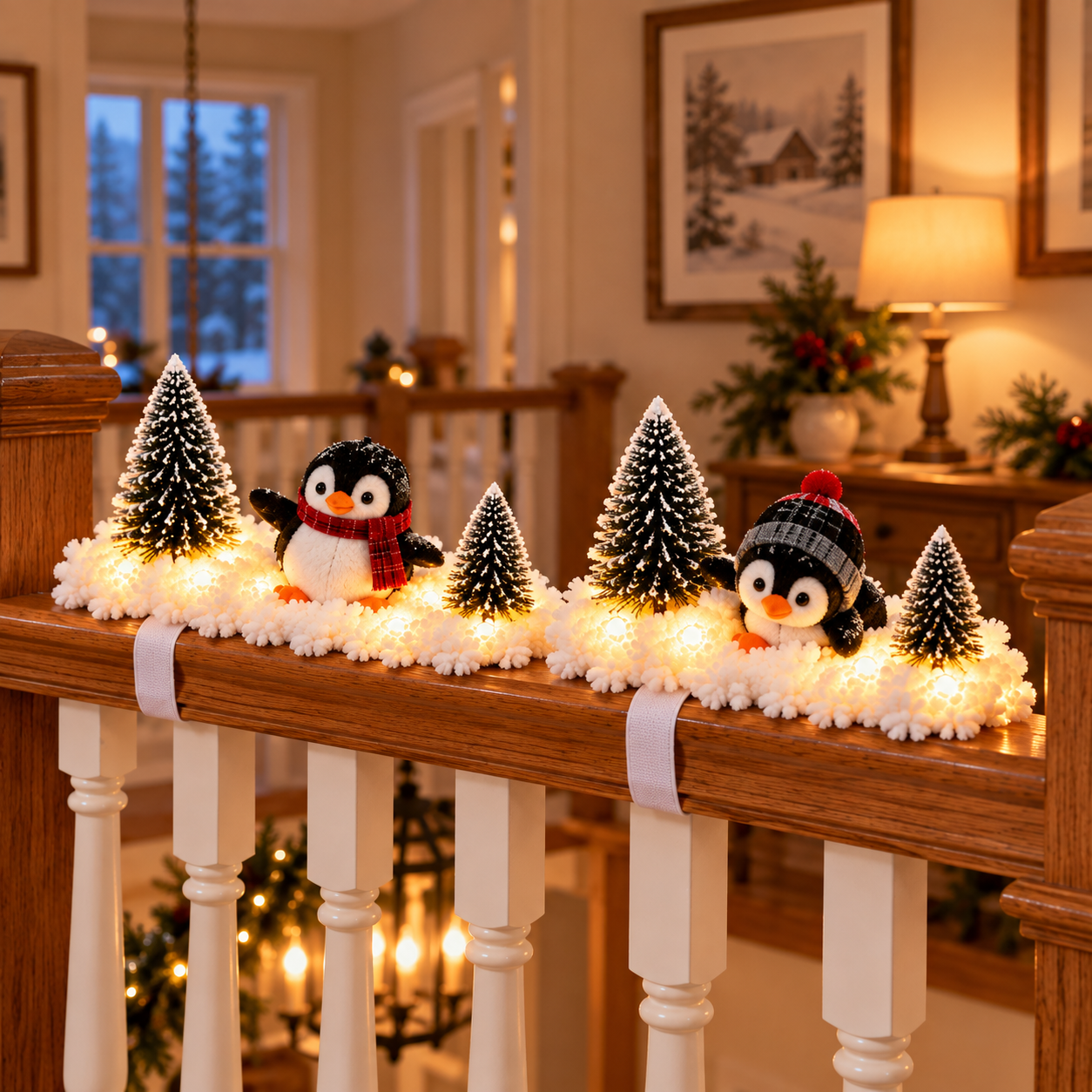 Two separate penguin snow decoration sections on an upstairs landing railing