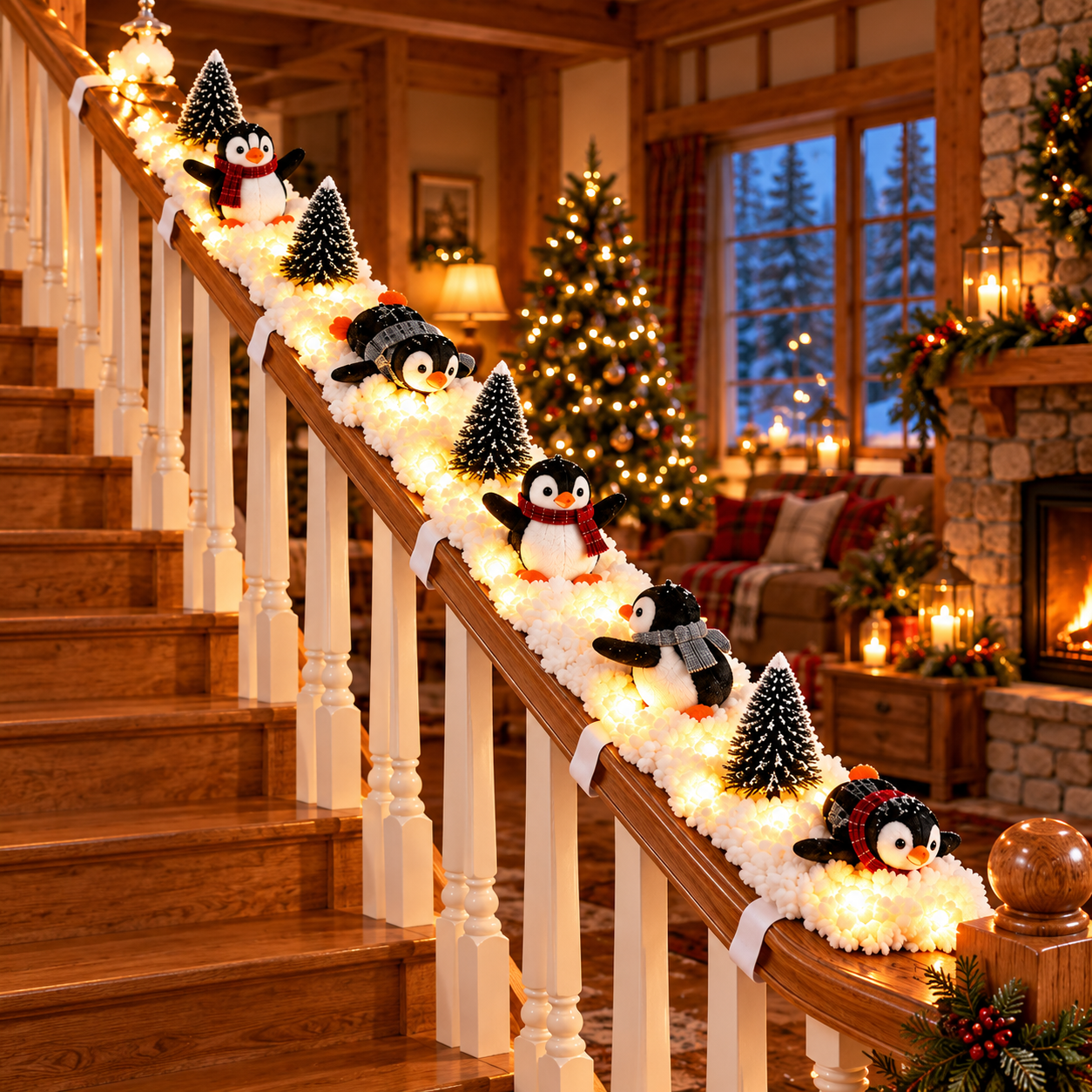 Five separate penguin snow decoration sections creating a full Christmas staircase scene