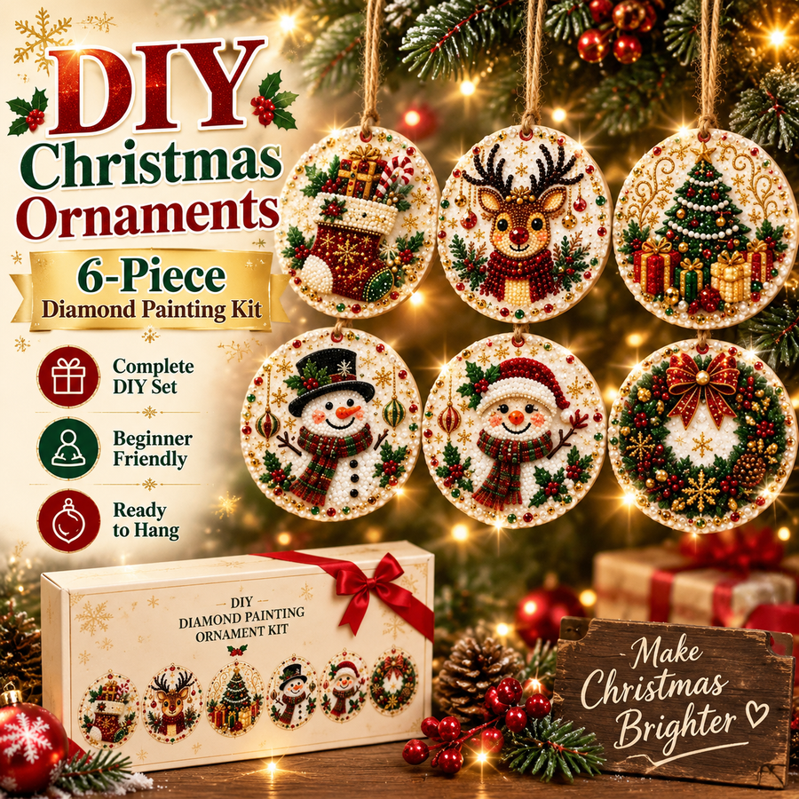 Product overview of the six-piece Christmas diamond painting ornament kit