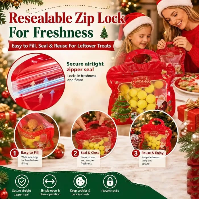 🎄 50% OFF | Christmas Self-Sealing Treat Bags – Cute Holiday Bags for Cookies & Candy 🎁