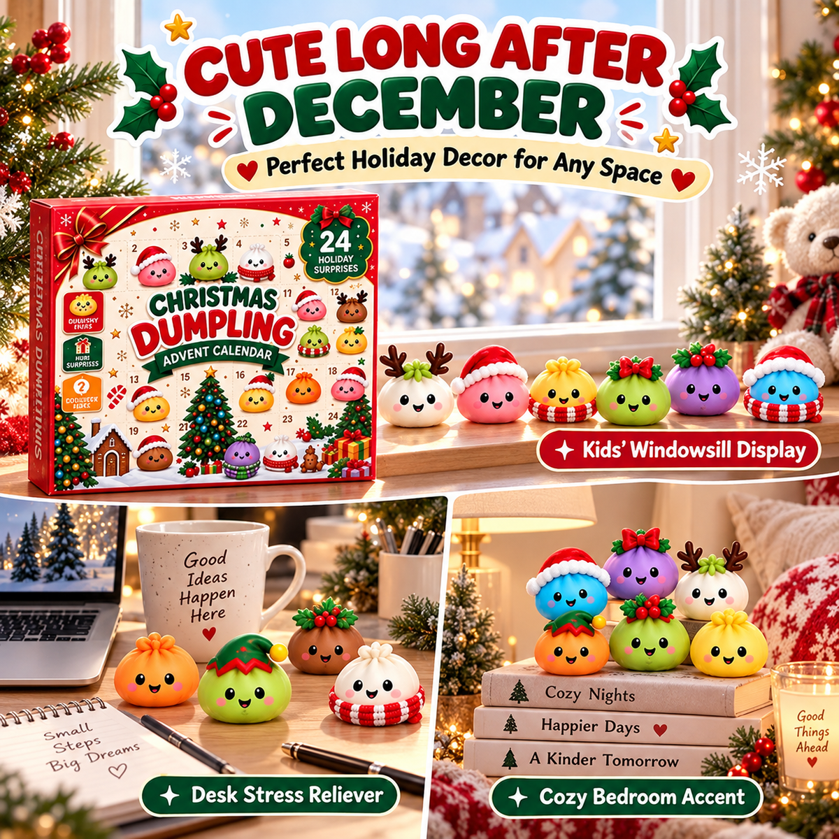 Christmas dumpling squishies displayed on a windowsill, desk and bedside shelf