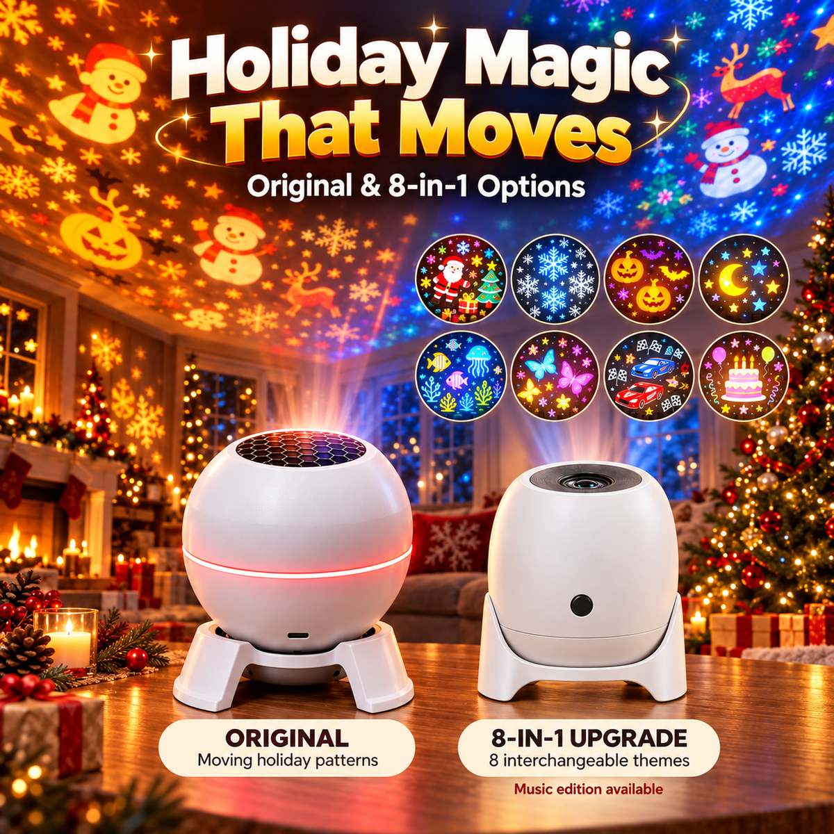 Limited-Time Offer: 50% OFF✨Moving Holiday Pattern Projector – 8-Theme & Music Options