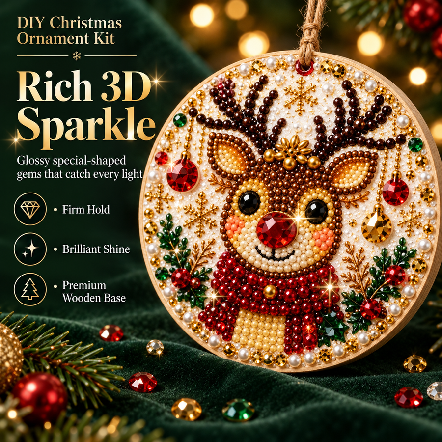 Close-up view of special-shaped rhinestones on Christmas wooden ornaments