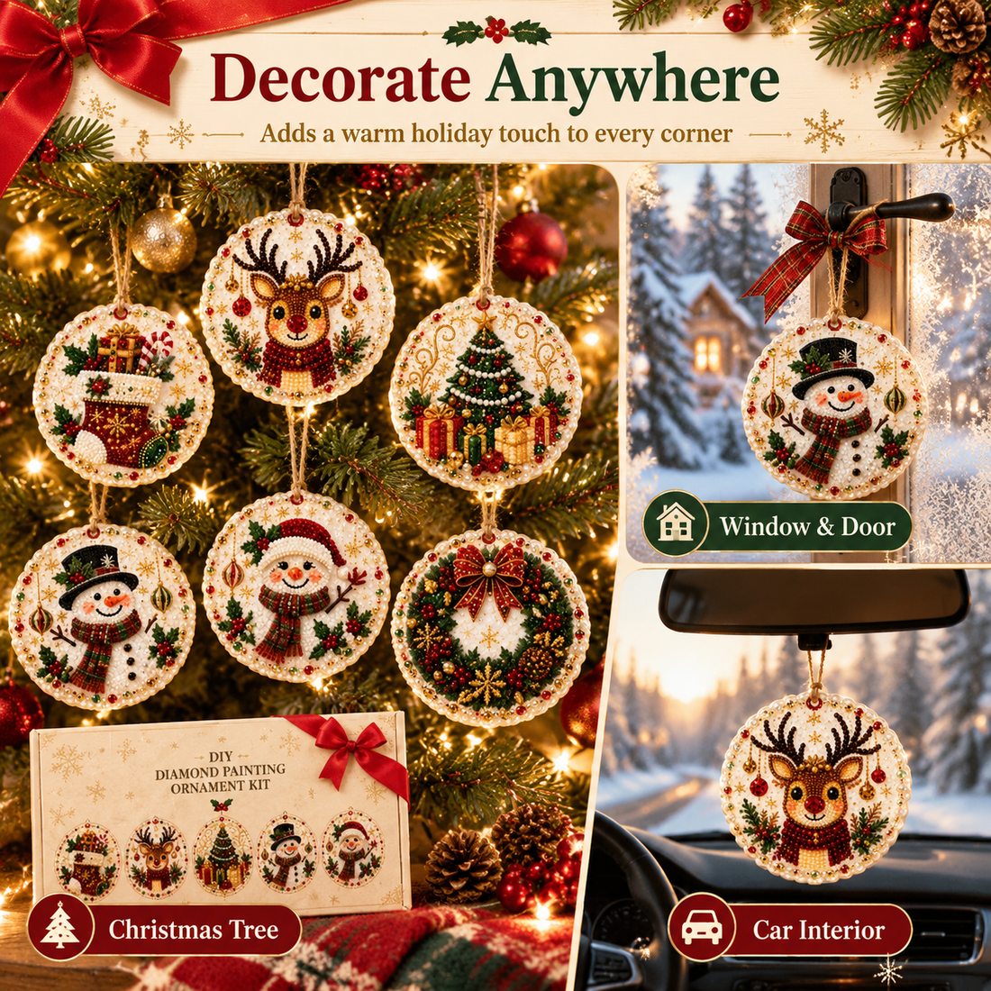 Christmas diamond painting ornament set displayed for the holiday season