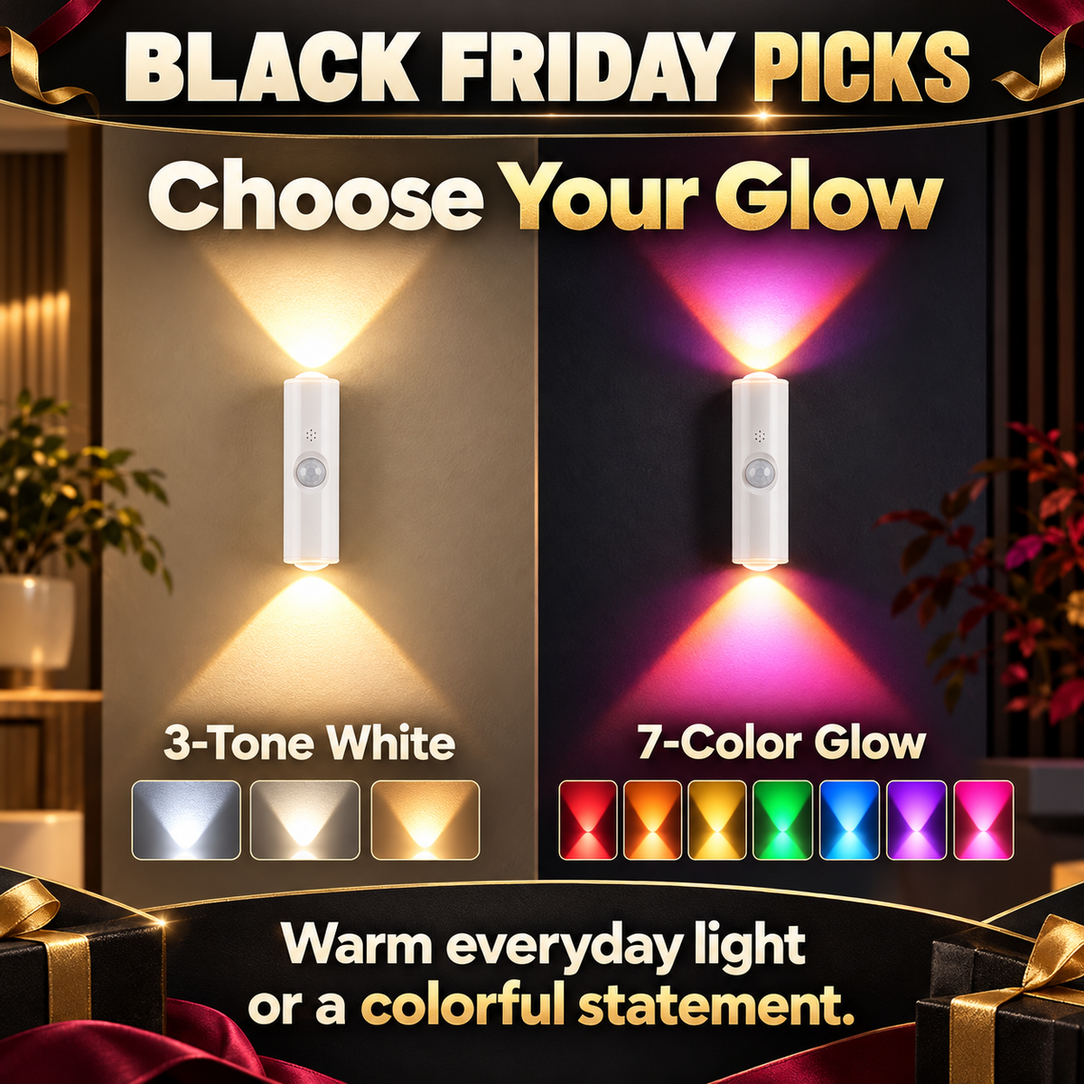 🎁 Christmas Buy 2, Get 1 Free | Rechargeable Motion Sensor Wall Light – 3-Tone or 7-Color-1