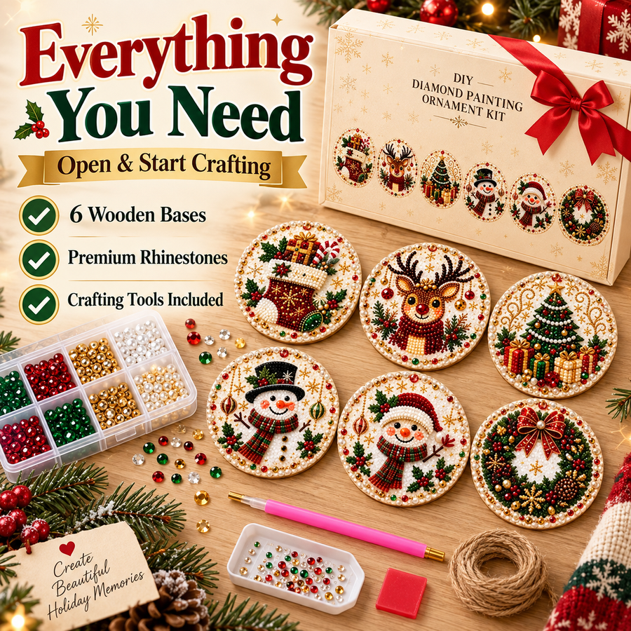 Materials and tools included in the six-piece Christmas diamond painting kit