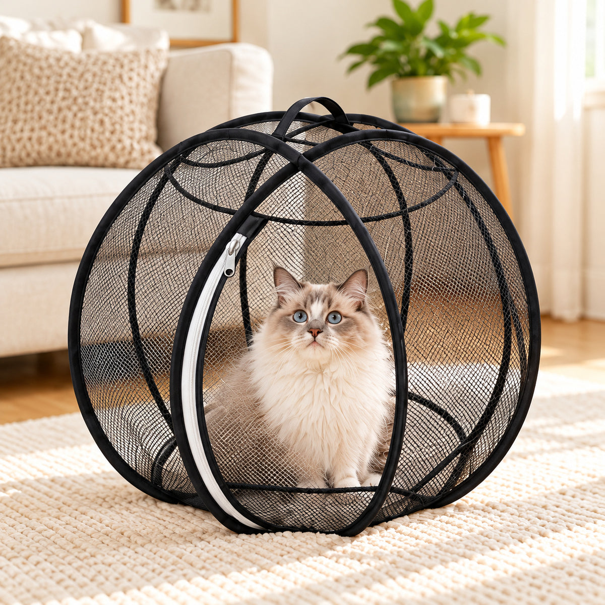 Black mesh cat playpen — illustrative scene