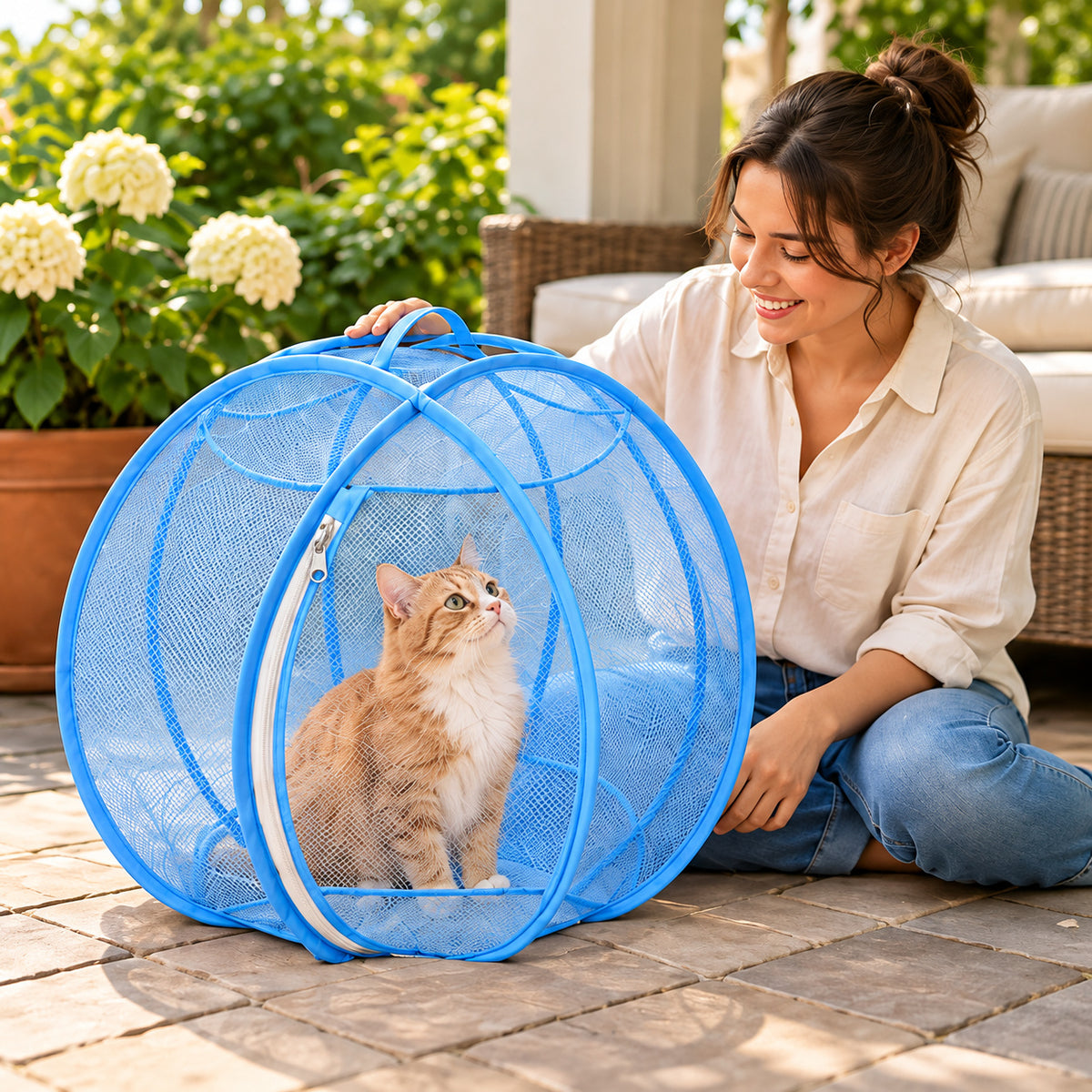 Blue mesh cat playpen — illustrative scene