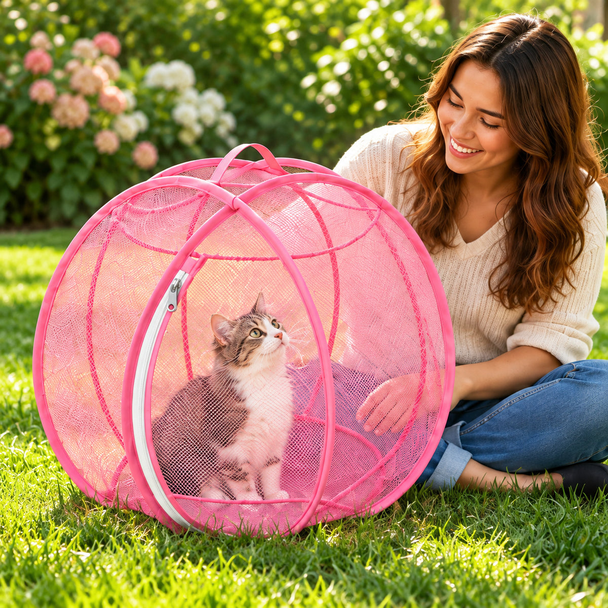Pink mesh cat playpen — illustrative scene