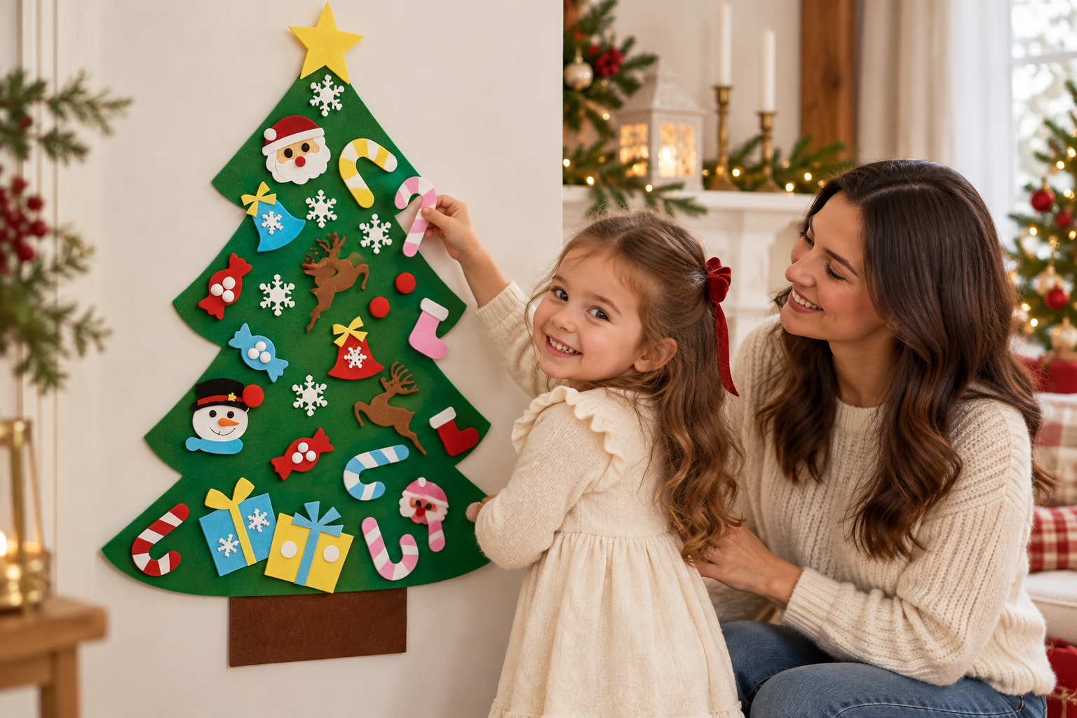 A child proudly showing her own decorated felt tree