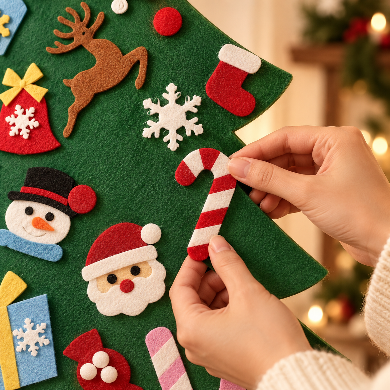 Close-up of the colorful felt ornaments and green felt surface