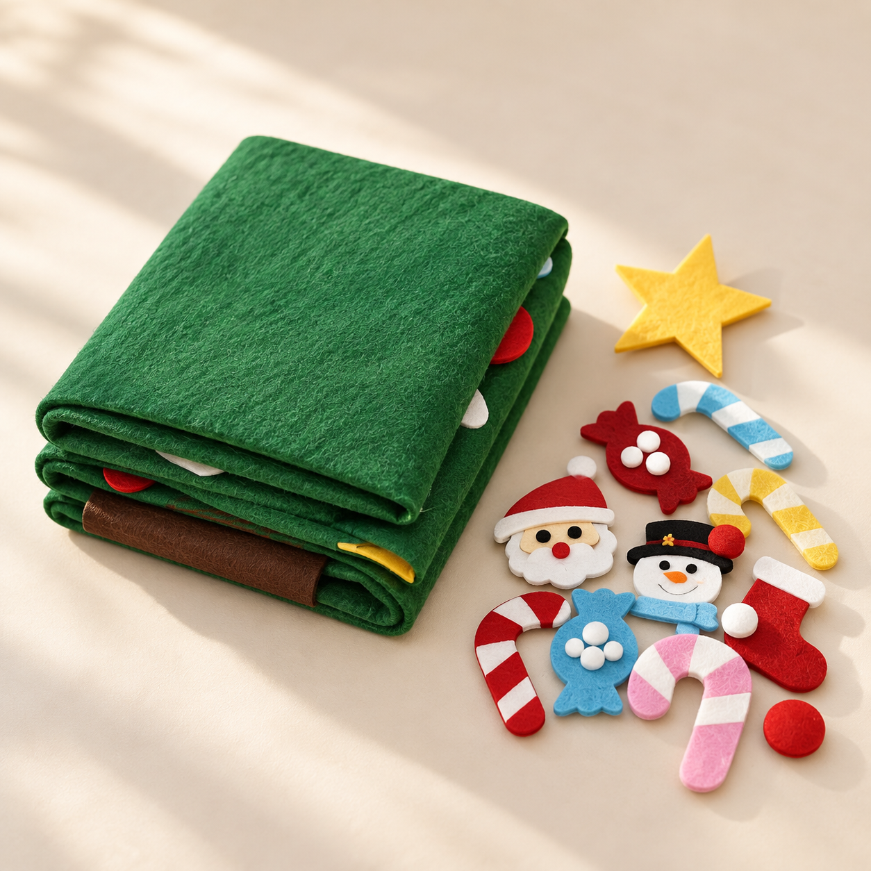The felt tree folded neatly beside its ornaments
