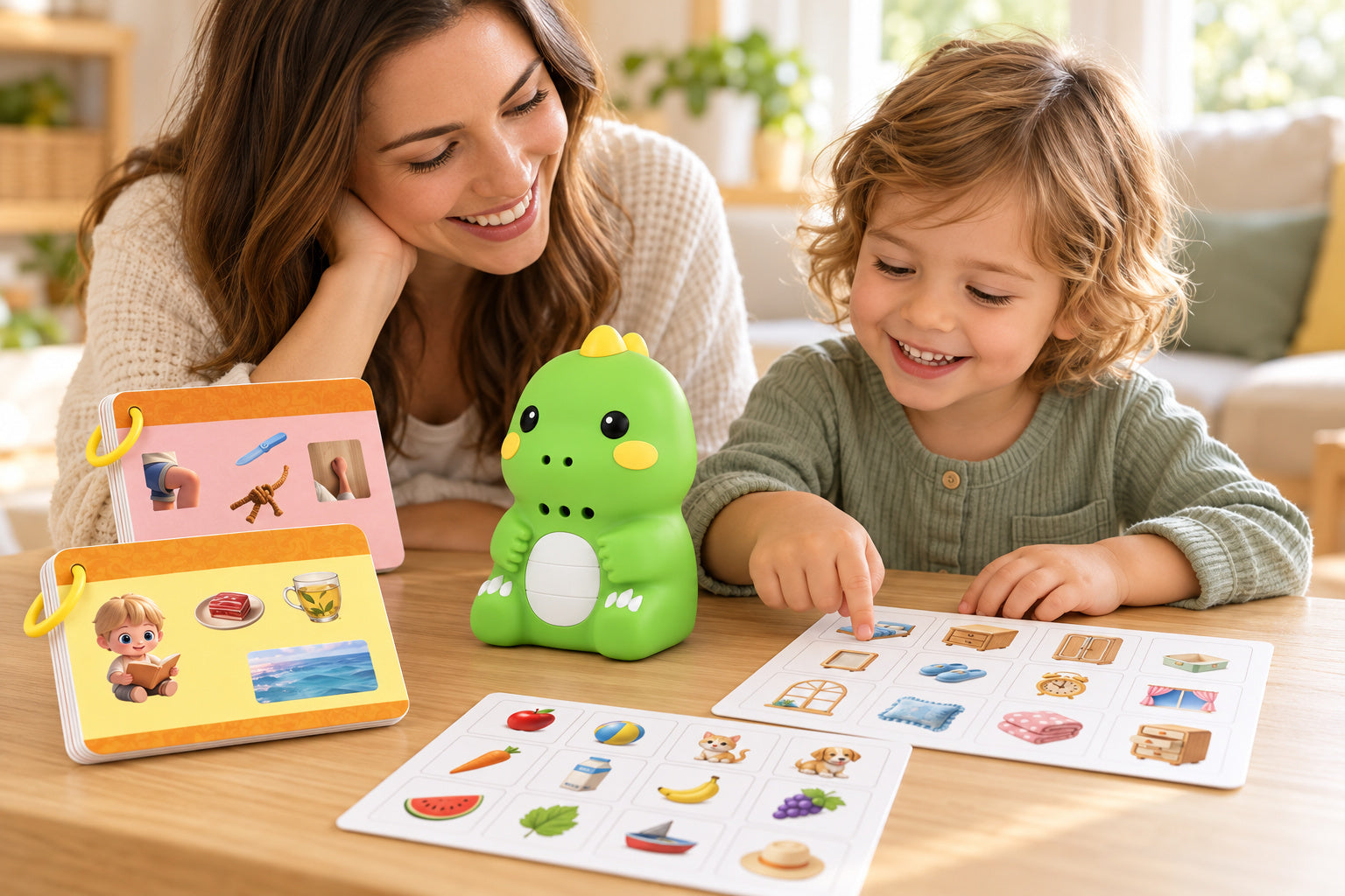 A parent and child exploring picture cards together