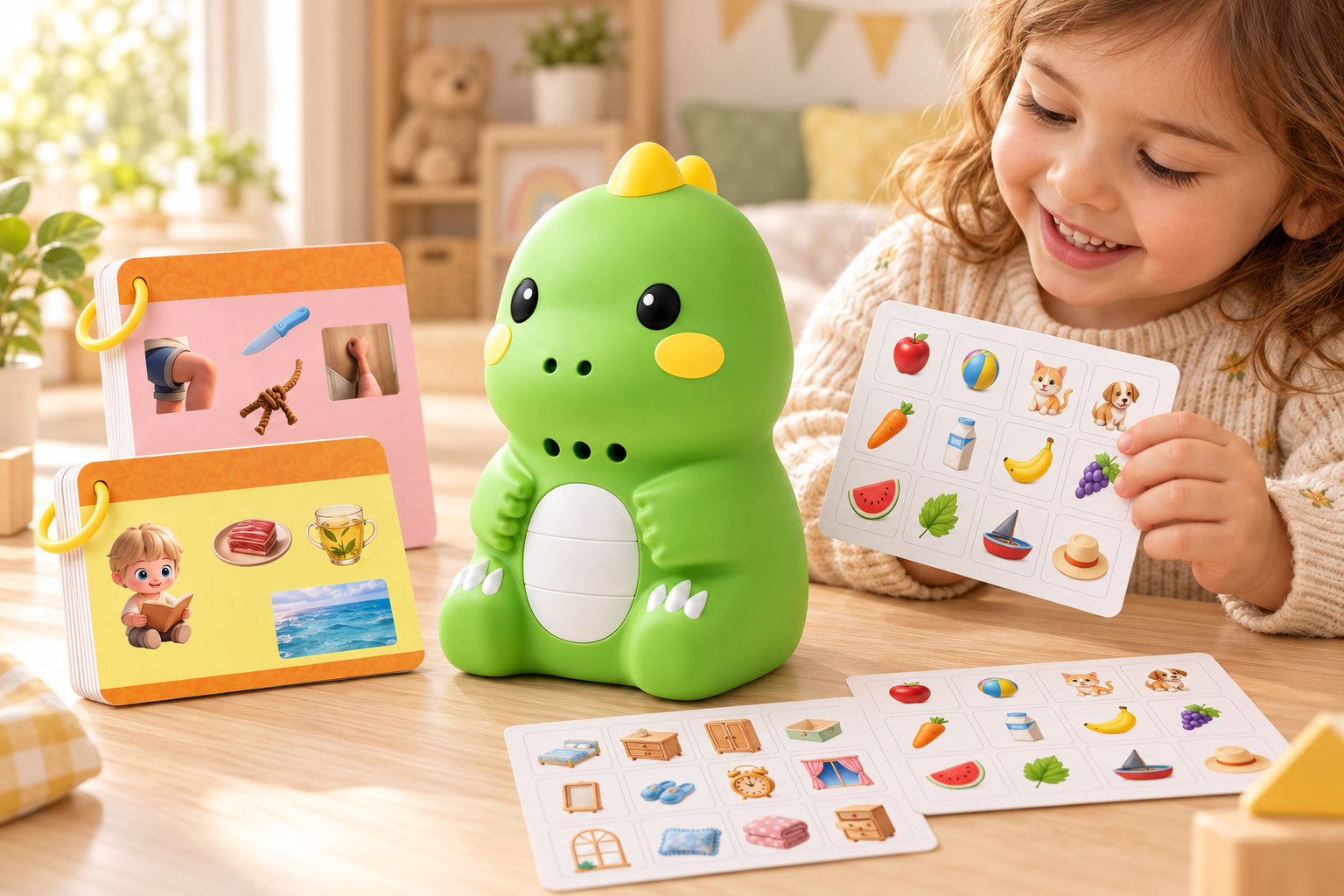 Green talking dinosaur with illustrated learning cards and picture stickers