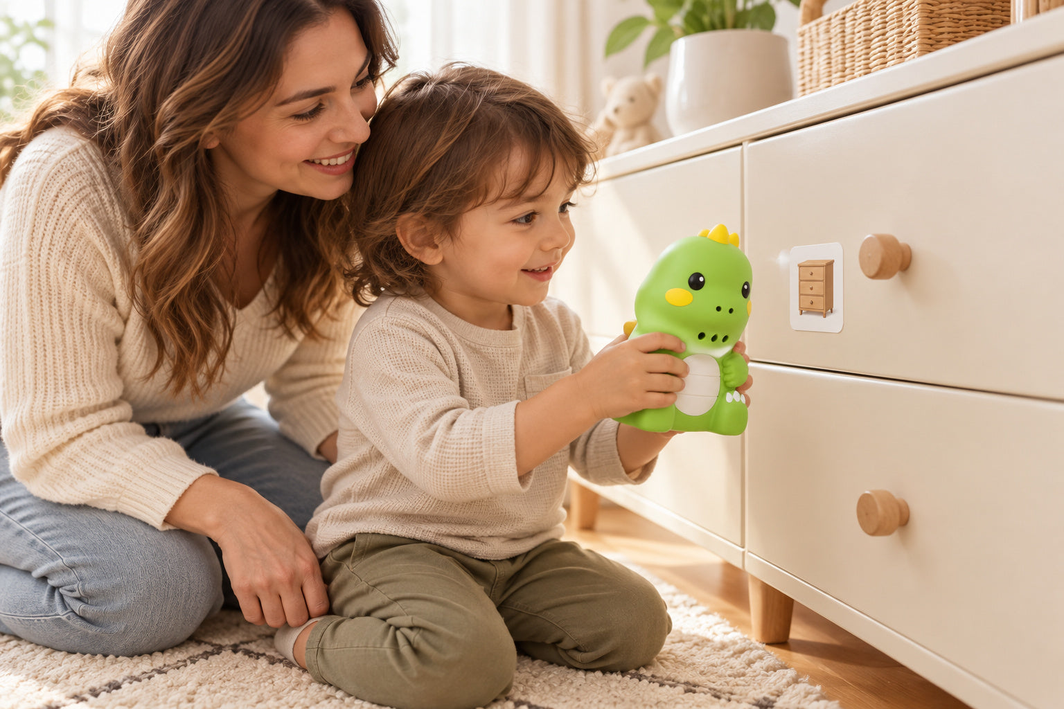 A parent and child exploring a picture sticker on a cabinet with Dino