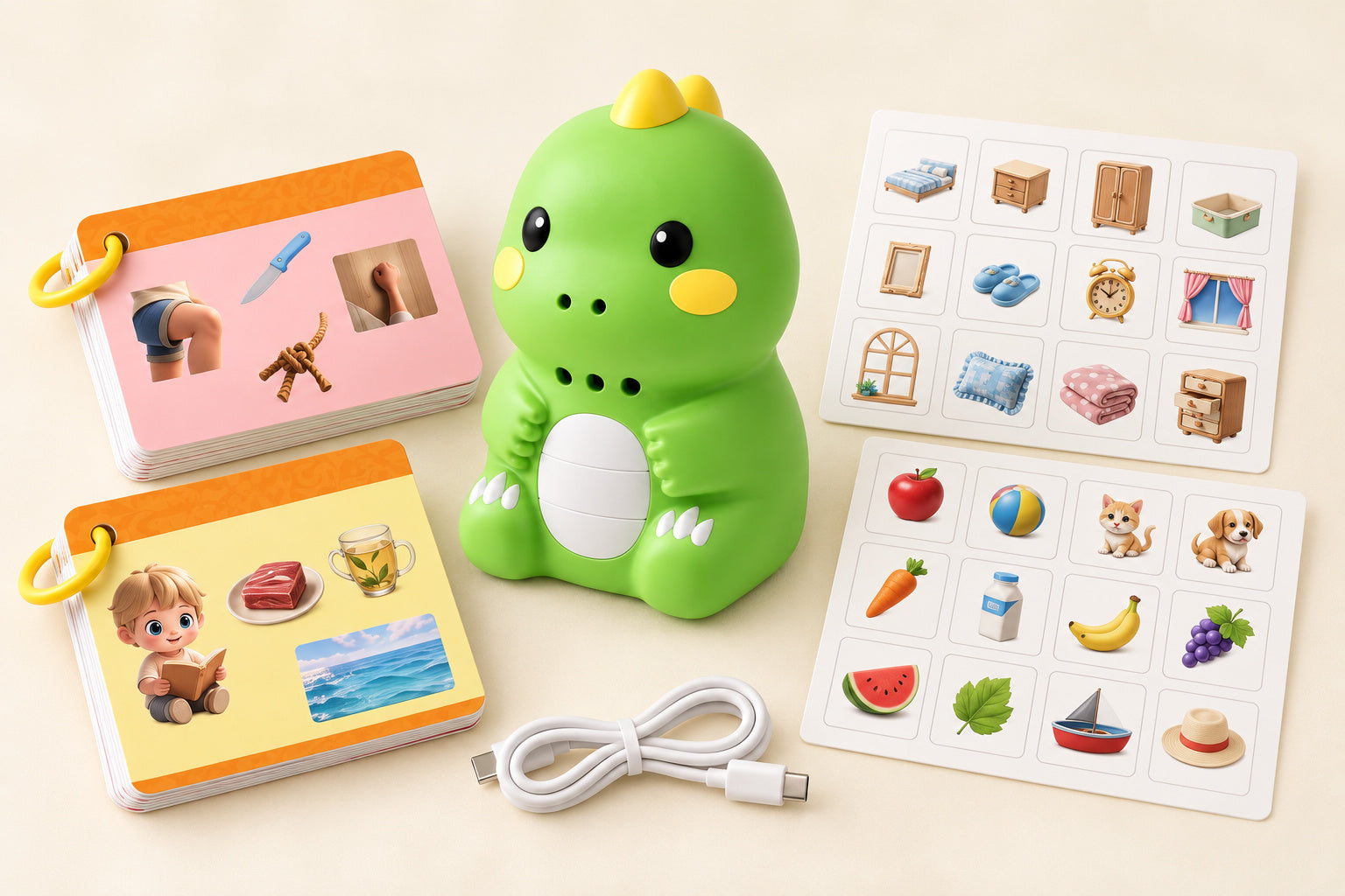 Dinosaur, illustrated learning cards, picture stickers and charging cable arranged together
