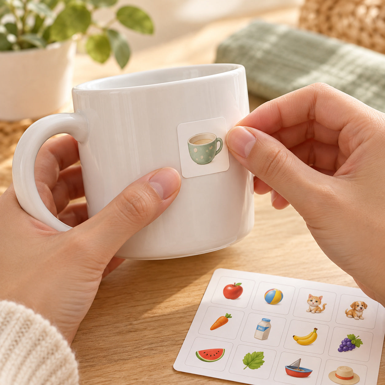 An adult placing a cup picture sticker on a mug